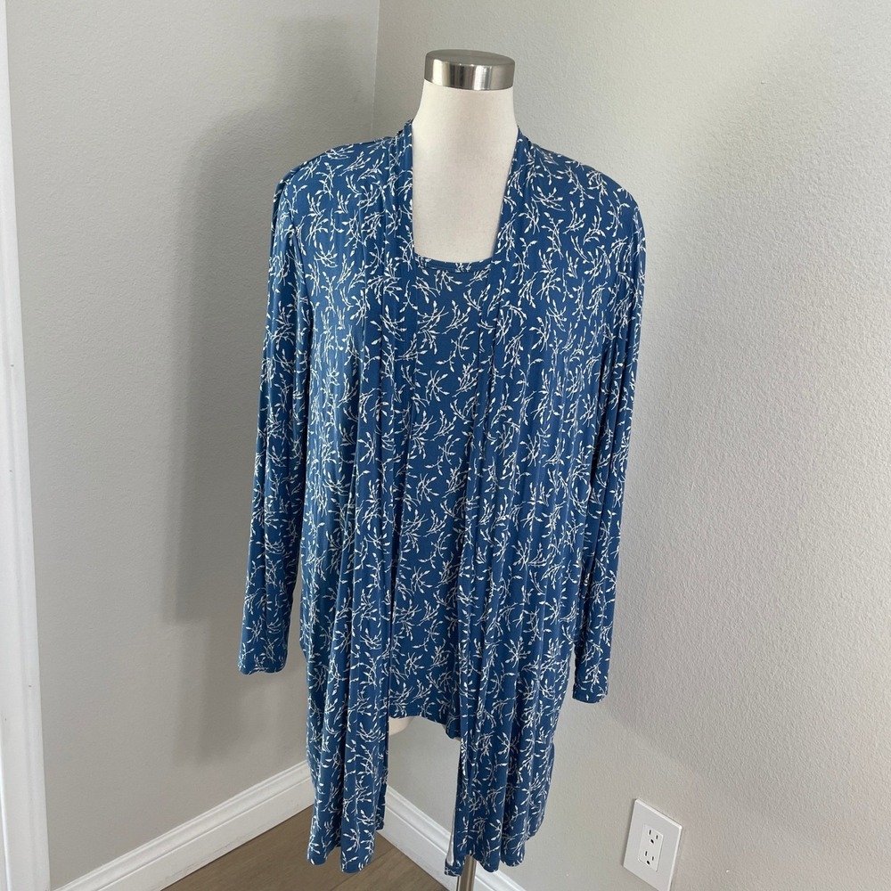 Lands End Womens XL Blue White Botanical Cardigan and Top 2 Piece Set Stretch
